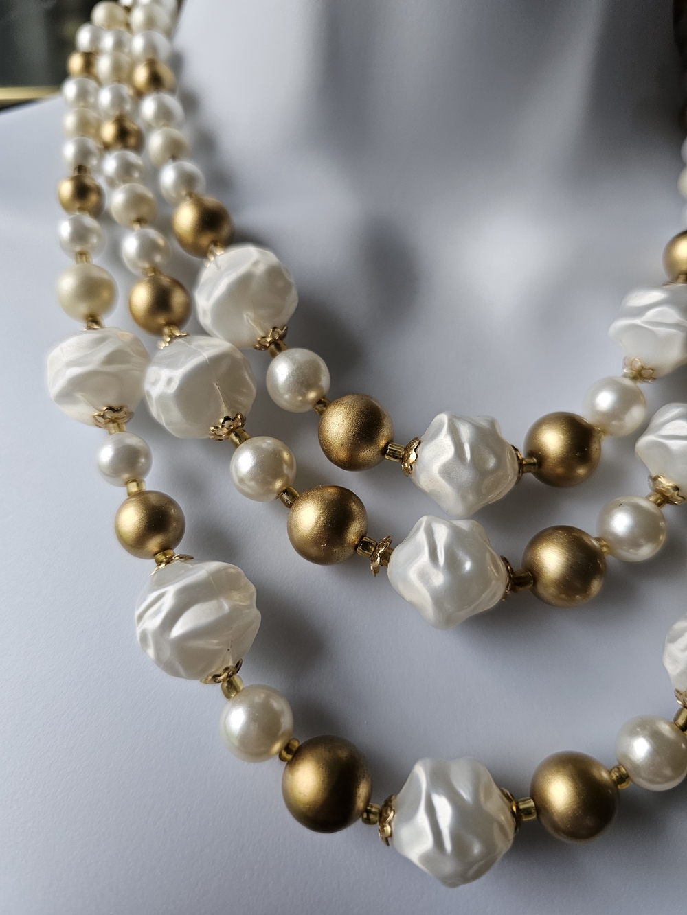 Vintage Costume White and Gold Beaded Statement Necklace